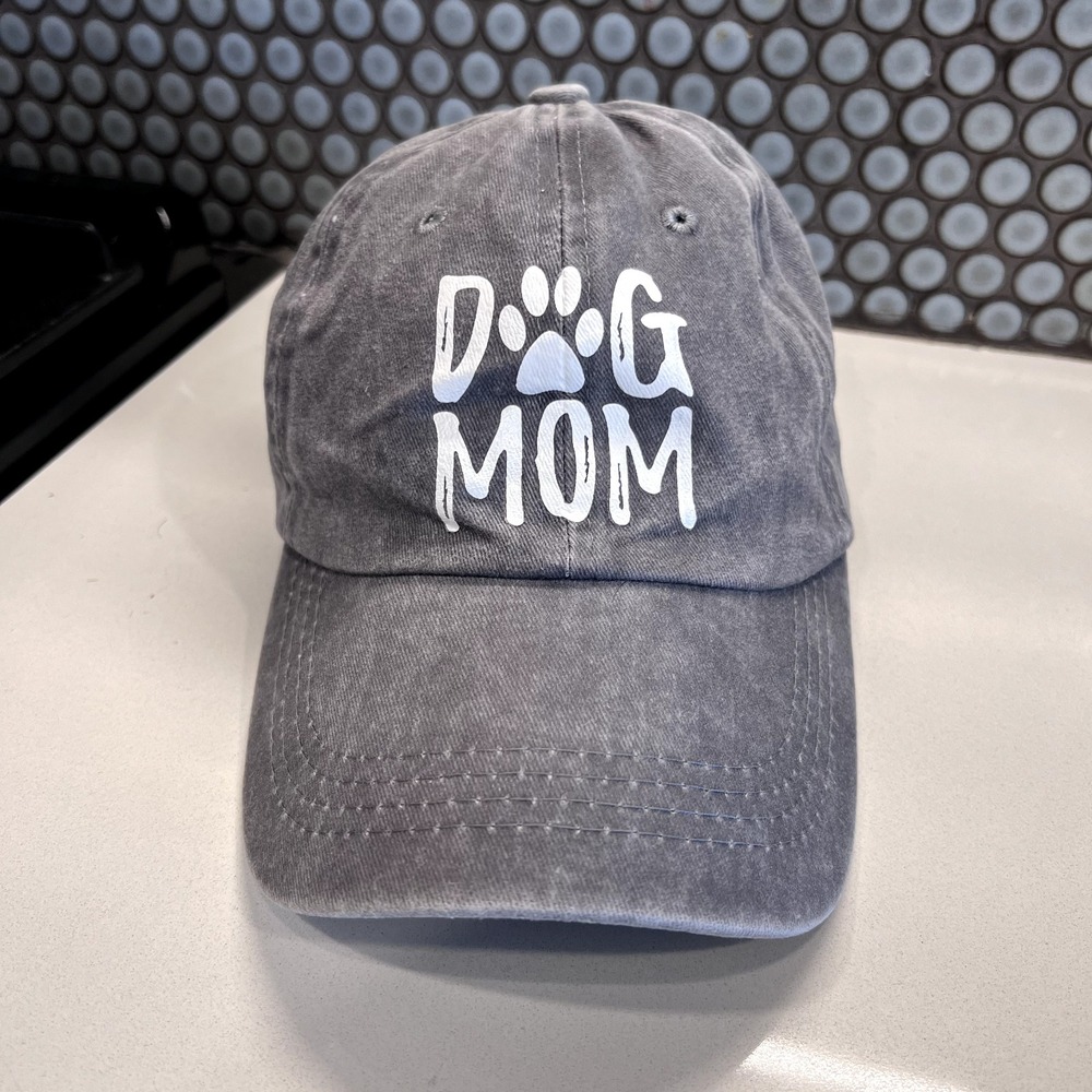 Dog Mom Baseball Hat Cap Strap Gray White Text Pony Tail Hole Adjustable